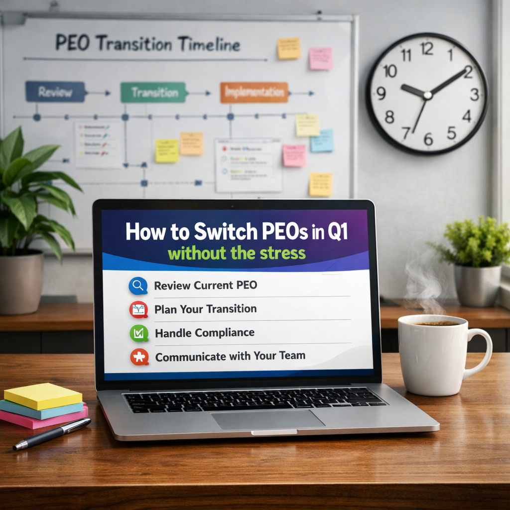 The image features a sleek modern office environment with a large wooden desk at the center On the desk a laptop is open displaying a digital guide ti-1